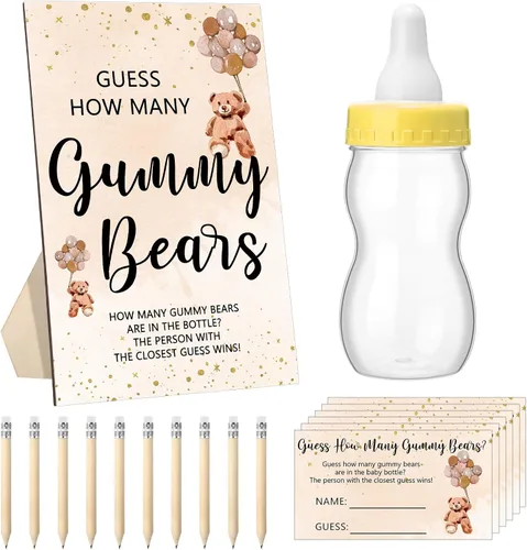 Miniatura 9 de Qilery 122 Piezas Juegos de Baby Shower Adivina Cuántos Osos 100 Tarjetas de Adivinanzas 20 Lápices 1 Botella 1 Cartel de Madera en Pie