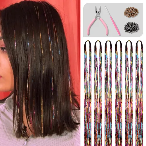 Kit de oropel de cabello arcoíris con herramientas e instrucciones, fácil de usar, 1200 mechones, 48 pulgadas, extensiones de cabello con purpurina