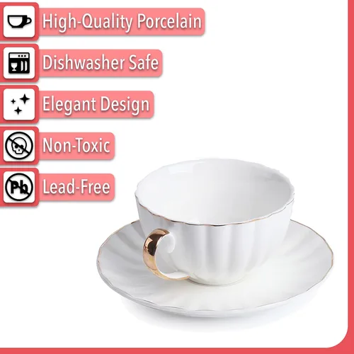 Miniatura 4 de BTaT- Tazas de capuchino con platillos de 7 onzas, juego de 6, diseño de borde dorado Juego de tazas de café de porcelana blanca, apto