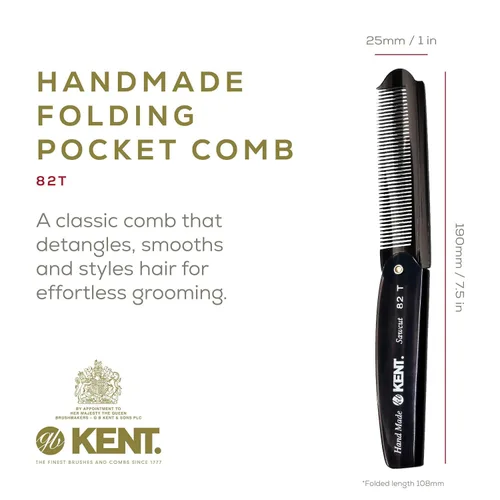 Miniatura 2 de Kent 82T Peine plegable hecho a mano para hombres, peine de pelo de dientes finos para el cuidado diario del cabello, barba o bigote, uso seco