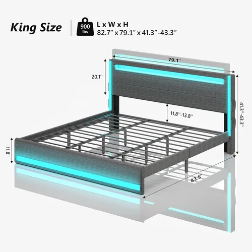 Miniatura 2 de CSZZD Base de cama Queen con cabecero ajustable y luces LED, base de cama de plataforma tapizada tamaño Queen con estación de carga tipo C y USB