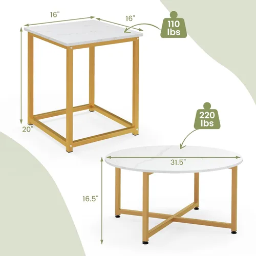 Miniatura 3 de COSTWAY Juego de 3 mesas de café, mesa de café redonda de mármol sintético y 2 mesas auxiliares cuadradas con marco de metal, juego moderno de 3
