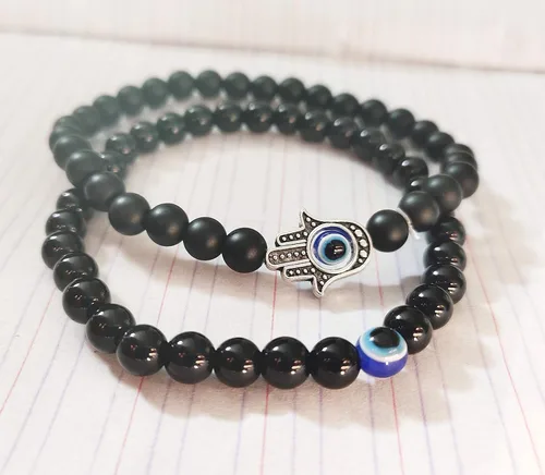 Miniatura 4 de RUIZHEN - 2 Pulseras elásticas con cuentas azules de ojo malvado, 7 chakras, piedra de lava, mano de Hamsa