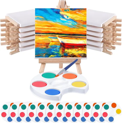 Crtiin Mini juego de pintura de acuarela, regalos de 4 x 4 pulgadas, pequeños kits de pintura en lienzo con pinturas de caballete, pincel, fiesta de