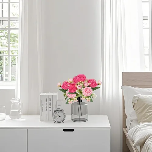 Miniatura 5 de ASTRYAS 4 piezas de peonías artificiales rosas de seda, flores de peonía de seda falsas, ramo de peonías artificiales de seda para centro de mesa