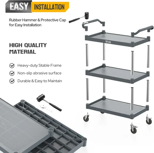 Miniatura 5 de TUFFIOM Carrito de servicio de plástico con ruedas, resistente capacidad de 450 libras, enrollado comercial de 3 niveles, ideal para restaurante