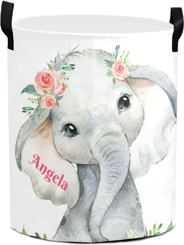 Miniatura 6 de Cestas de lavandería personalizadas de elefante floral rosa con nombre, cesta de almacenamiento de ropa plegable con asa para baño, dormitorio