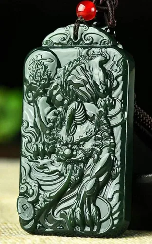 Miniatura 3 de China Natural Hetian Green Jade Nefrita Tallado Unicornio Pixiu Bestia Colgante Amuleto, Piedra