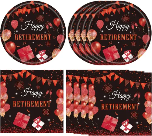 Miniatura 9 de Juego de 40 piezas de vajilla desechable para fiestas de jubilación para hombres y mujeres, color negro y plateado, incluye platos de jubilación