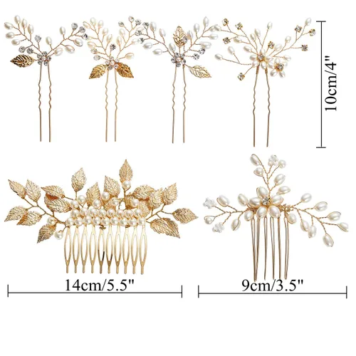 Miniatura 6 de inSowni Paquete de 26 peines laterales dorados para bodas y novias+horquillas en forma de U, pasadores para el cabello, pasadores de hojas, flores