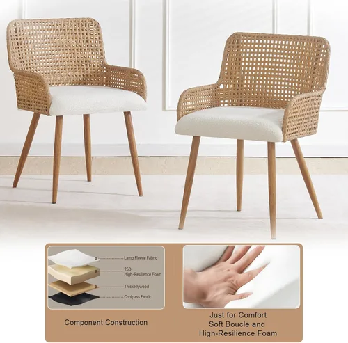 Miniatura 3 de Sillas de comedor de ratán, sillas de comedor tapizadas de tela Boucle con reposabrazos y respaldo de caña de polietileno, sillas de comedor