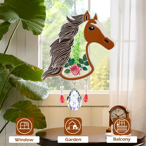 Miniatura 3 de KY&BOSAM Atrapasoles de cristal pintado a mano con cabeza de caballo, campanilla de viento con flor prensada incrustada en ventana de cristal, Día