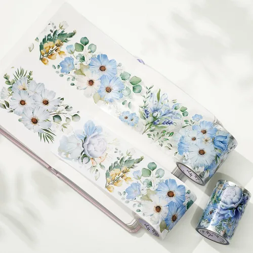 Miniatura 5 de WT Serene - Cinta ancha de PET, rollo individual, diseños originales, cinta decorativa de flores azules acuarela, cinta adhesiva transparente WT
