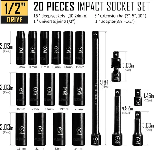 Miniatura 4 de Boen Juego de 35 piezas de llaves de impacto, unidad de 1/2 pulgada y unidad de 3/8 pulgadas SAE (1/4" a 1") y métricas (0.394-0.945 in), barras