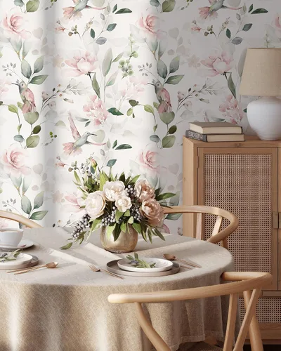 Miniatura 4 de Papel tapiz botánico rosa de colibríes, papel tapiz autoadhesivo extraíble para jardín, papel tapiz floral para despegar y pegar