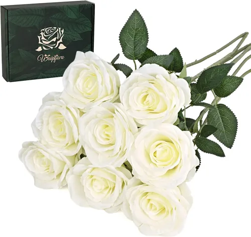 Miniatura 13 de Waipfaru 20 rosas blancas falsas de aliento de bebé, flores artificiales a granel, rosa blanca de seda con tallos largos para ramo de boda, jarrón