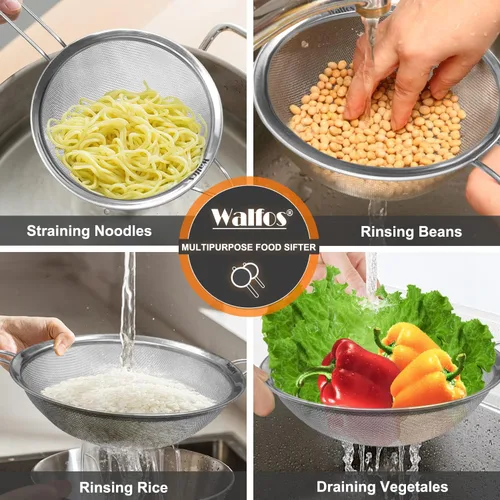 Miniatura 2 de Walfos Colador grande de malla fina de 8.6 pulgadas, coladores de alimentos de metal para cocina con mango resistente, tamiz de malla de acero