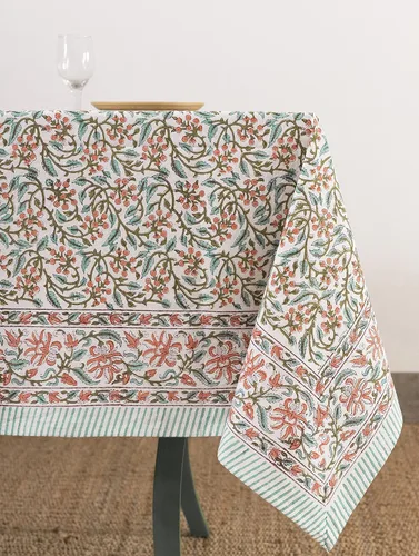 Miniatura 22 de Labhanshi Mantel rectangular de 6 plazas de algodón prelavado con estampado indio a mano, 60 x 90 pulgadas, diseño floral de algodón prelavado
