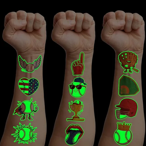 96 piezas de tatuajes temporales luminosos precortados para deportes de béisbol que brillan en la oscuridad para niños | Recuerdos de fiesta de