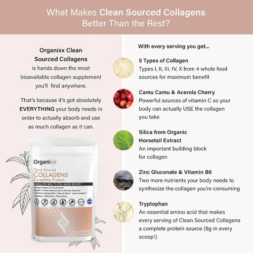 Miniatura 5 de Polvo de péptidos de colágeno Organixx con vitamina C, tipos I, II, III, V, X de colágeno hidrolizado, para la salud del cabello, uñas, piel, huesos