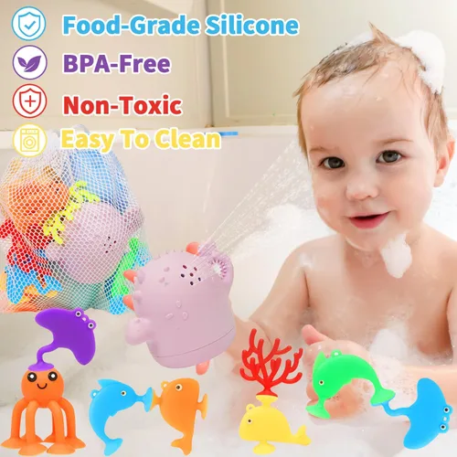 Miniatura 2 de Juguetes de baño para bebé, 13 piezas de juguetes de baño de silicona sin moho con una bolsa de almacenamiento, juguetes de bañera de dinosaurios