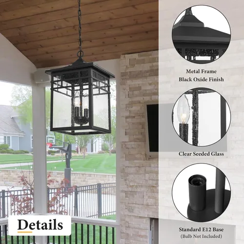 Miniatura 2 de Farol colgante para exteriores para porche delantero, 10 pulgadas, grande, negro, lámpara colgante con pantalla de vidrio sembrado para patio