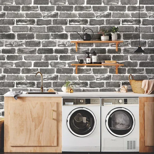 Miniatura 7 de Rollo de papel tapiz plano de piedra de ladrillo sintético de 17.5 x 472 pulgadas, para decoración de pared, para pegar en puertas, encimeras, Gris