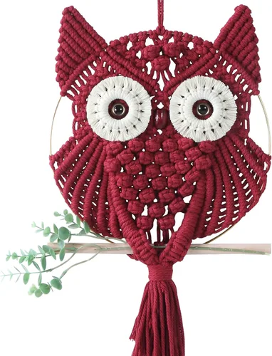 MVSUTA Owl Burgundy Cotton Handmade Macrame Wall Hanging Tapestry Home Decor Art and Red Craft Wonderful Decoration Woven Boho Ornament for Office