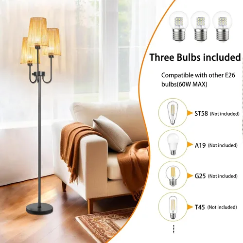 Miniatura 4 de Lámpara de pie de ratán para sala de estar, lámpara de pie de granja de 3 luces con pantallas de ratán, lámparas altas rústicas de 65 pulgadas