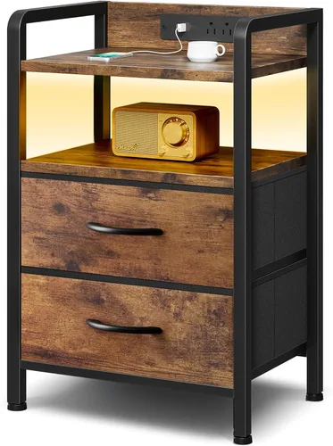 Miniatura 15 de Lazzanto Mesita de noche para dormitorio, mesita de noche con estación de carga y tira de luz LED, mesita de noche con estante de almacenamiento y 2