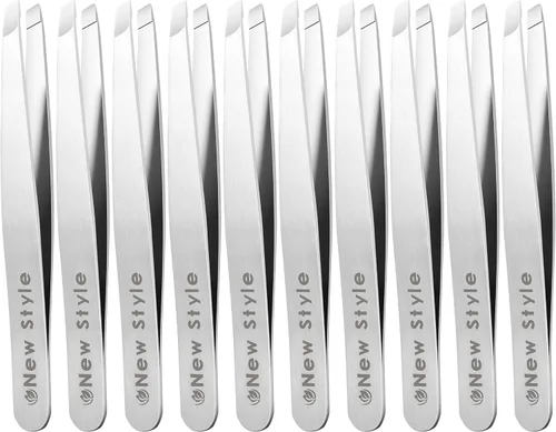 Pinzas inclinadas (paquete de 10) – Pinzas profesionales para cejas, pinzas de acero inoxidable para desplumar cejas y depilador de precisión para