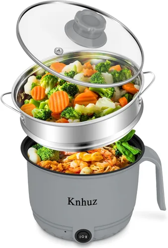 Olla eléctrica caliente con vaporizador, cocina rápida de ramen, mini olla eléctrica de autocalentamiento portátil de 1.8L para cocinar fideos, Gris