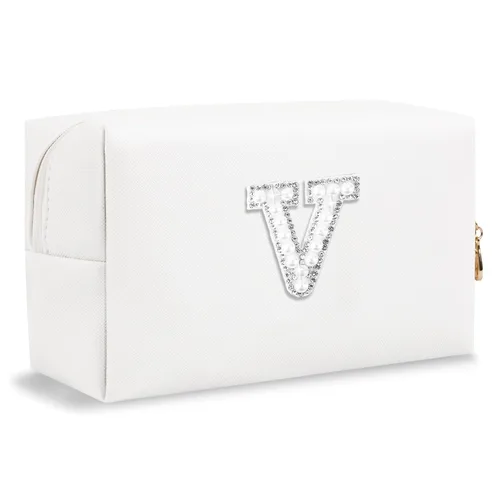 Miniatura 11 de Pequeña bolsa de maquillaje personalizada con inicial A-Z Preppy Patch, bolsa de cosméticos de viaje de felpilla blanca con cremallera, bonita bolsa