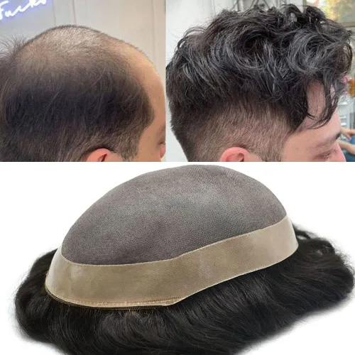 Miniatura 16 de LYRICAL HAIR Toupee para hombres de aspecto natural de cabello humano fino mono encaje hombres reemplazo sistema de pelo PU polipiel alrededor