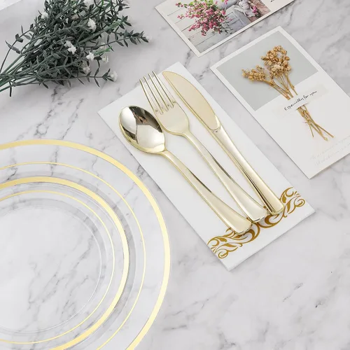 Miniatura 6 de BESTVIP Juego de vajilla desechable de 350 piezas de oro transparente para 50 invitados, platos de plástico para fiestas, bodas, Navidad, incluye