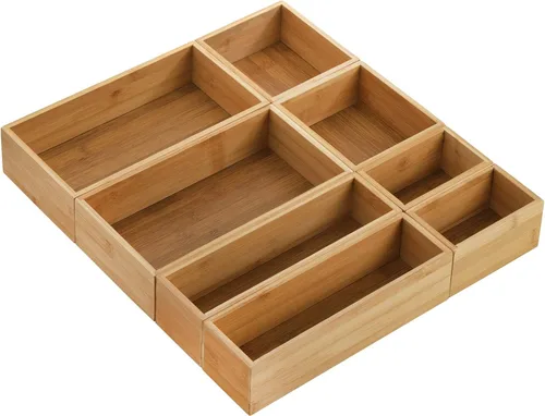 Miniatura 8 de Lawei Juego de 5 cajas organizadoras de cajones de bambú, kit de caja de almacenamiento de escritorio, contenedores de almacenamiento de cajones
