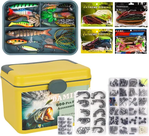 Kit de Equipo de Pesca de 600 Piezas/Caja de Aparejos - Anzuelos de Pesca, Plomos, Giratorios, Señuelos de Superficie, Cucharas, Señuelos Blandos,