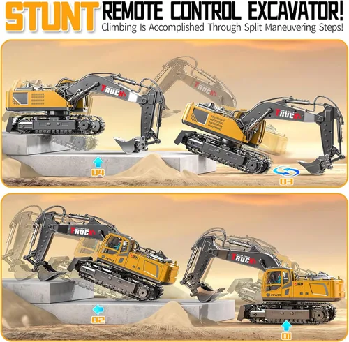 Miniatura 5 de Juguete de construcción de excavadora de control remoto de 17 canales para niños, juguete de excavadora RC de 2400 mAh con pala de metal, aerosol