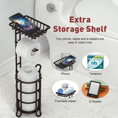 Miniatura 4 de Soporte para papel higiénico, dispensador de rollo de papel higiénico con estante para almacenamiento de baño, sostiene megarrollos de reserva