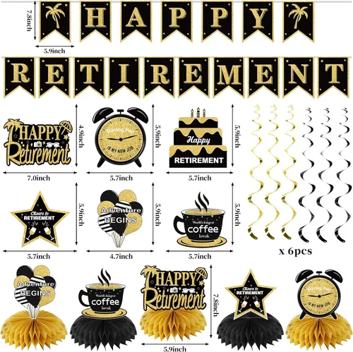 Miniatura 2 de Kit de decoración de fiesta de jubilación de 20 piezas para hombres y mujeres, Kuxriox negro y dorado, telón de fondo de jubilación, centro de mesa