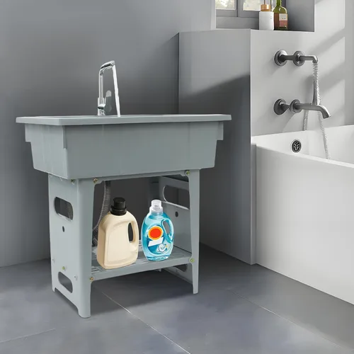 Miniatura 3 de Fregadero de plástico independiente con tabla de lavar y grifo de agua fría caliente giratorio de 360 °, lavabo de lavandería para lavadero, Gris