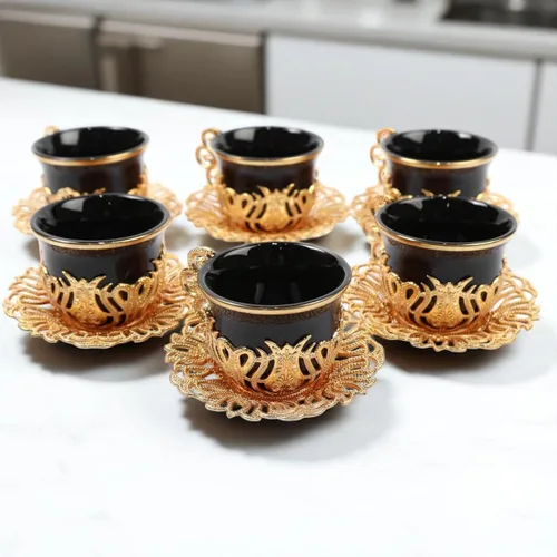 Miniatura 7 de Alisveristime Juego de 12 tazas de café turco griego árabe café expreso taza platillo de porcelana (negro dorado)