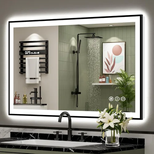Miniatura 24 de 30x36 Espejo de baño LED con luces, retroiluminado y luz frontal, espejo de tocador iluminado antivaho para pared de baño, 3 colores, regulable