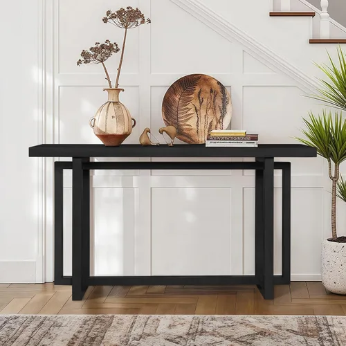 Mesa de sofá de 59.05 pulgadas para sala de estar, mesa consola Morden, mesa rectangular estrecha de madera maciza con patas de madera de goma para