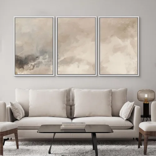 Miniatura 406 de SIGNWIN Lienzo enmarcado para pared, arte con pinceladas de flujo neutro en tonos beige abstractos, ilustraciones, arte moderno, decorativo