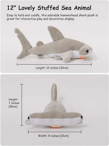 Miniatura 5 de Lindo juguete de peluche de tiburón martillo, adorable animal de mar de peluche de tiburón suave de 12 pulgadas para niños, esponjoso, regalo