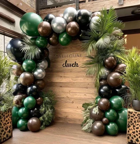 Miniatura 8 de Arco de globos de látex negro y verde, guirnalda de globos de látex de doble relleno, color verde oscuro, marrón, plateado, para camuflaje