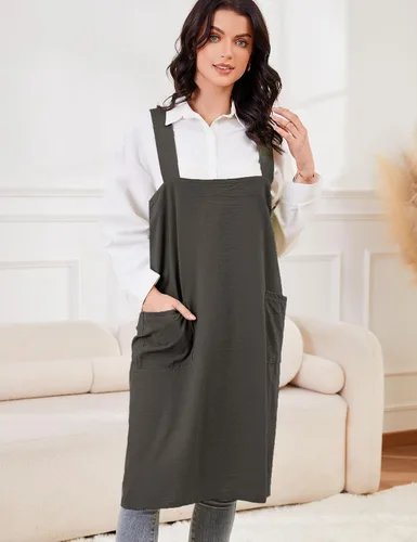 Miniatura 3 de Schine Pinafore de algodón con espalda cruzada para mujer, con bolsillos grandes, prácticos delantales para trabajos de jardinería, cocina, Verde