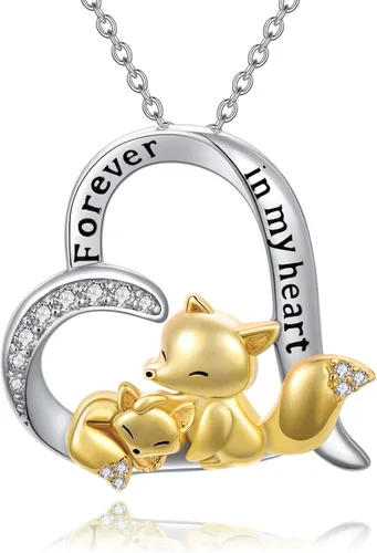 LONAGO Mother and Child Fox Necklace Sterling Silver, Foxes Heart Necklace Gift for Mother Grandmother Mom Daughter Women