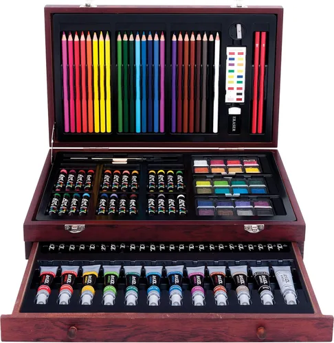 Art 101 USA Juego de arte de lujo con 119 piezas en un estuche organizador de madera, incluye lápices de colores, pinturas, pinceles y paletas,